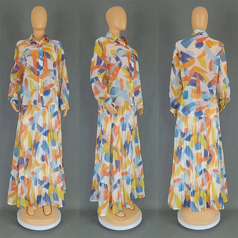 Amay Clothes for Women Summer Long Sleeve Print Party Evening 2 Piece Top Skirts Matching Sets Outfits