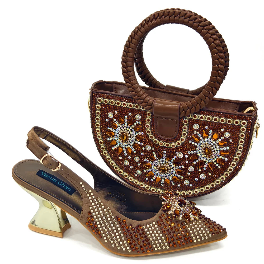 Visco Italian Design Fashion Luxury Women's Shoes and Purse Full Diamond Decoration Big Capacity Hand Bag
