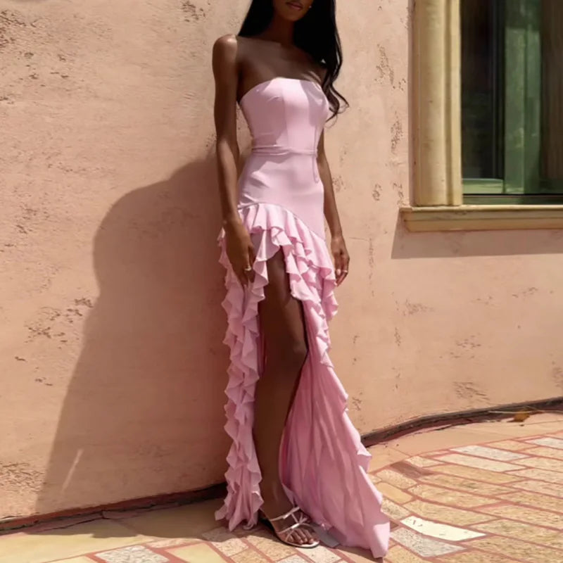 Maxy Show Style Ruffles High Split Evening Dress Sexy Tube Top Sleeveless Wrap Hip Dress Elegant Solid Color Off Shoulder Party Dress