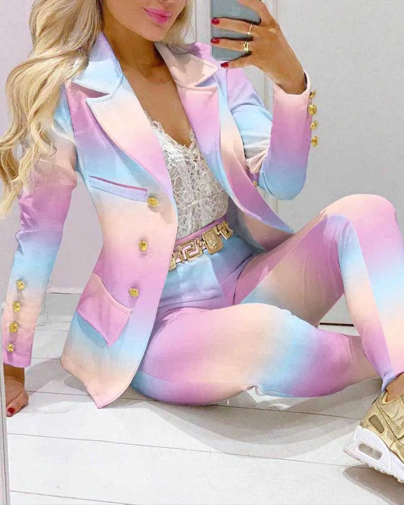 Maxy Fashion Butterfly Print Blazer Suit and Pants Two Piece Set for Women Autumn Winter Outfit Office Lady Casual Clothing