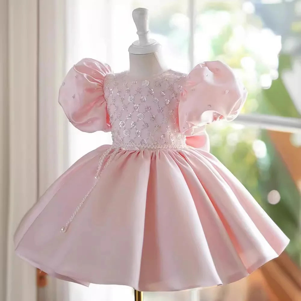 Maxy Princess Satin Beading Short Sleeve Flower Girl Dress Children First Communion Dress Ball Gown Wedding Party Dress Birthday Show