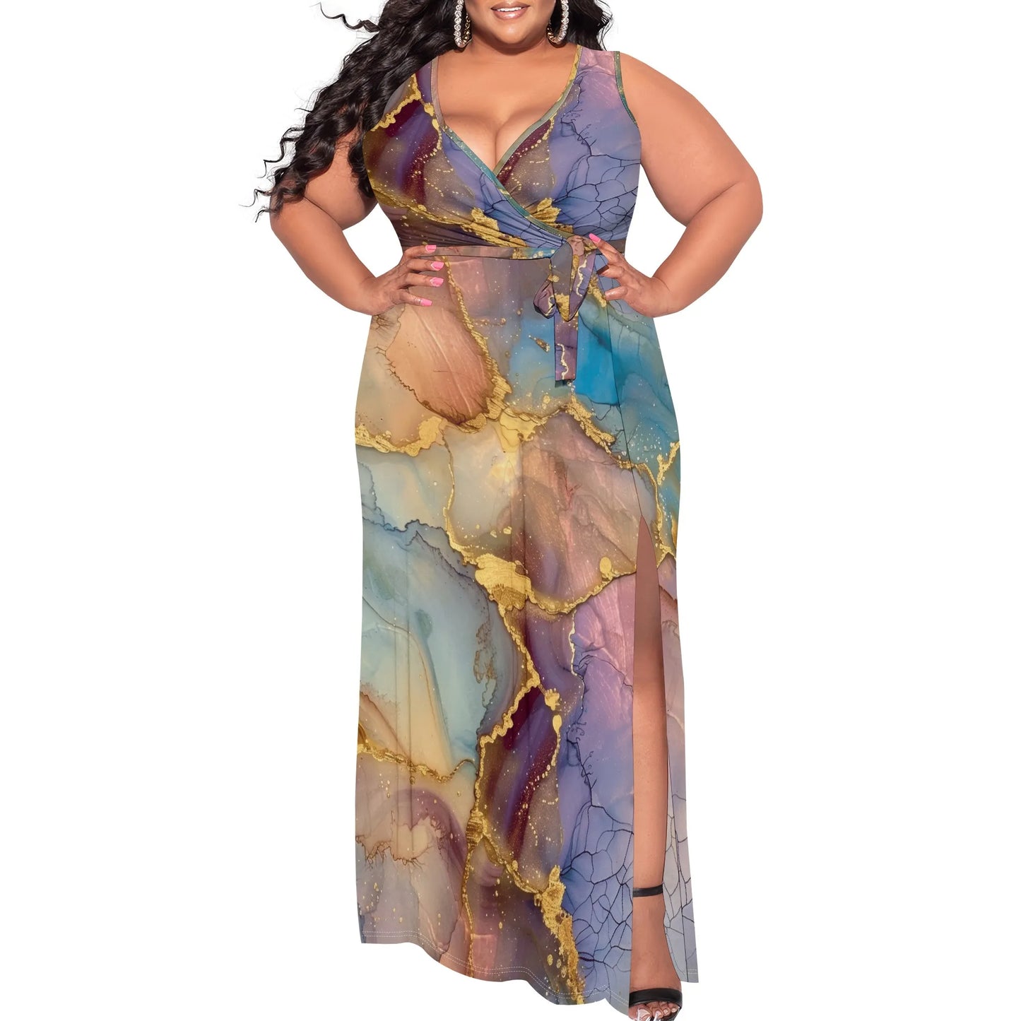 Maxy Galaxy Marble Print Maxi Dress XL-6XL – Sleeveless Wrap V-Neck Split Gown for Women Elegant Cruise or Evening Party Look