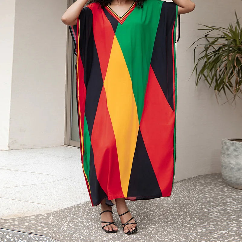 Maxy Women Beach Color Colorful Printed Long Dress Fashion Swimwear Summer Holiday Bohemian Maxy Dresses Bathing Suits