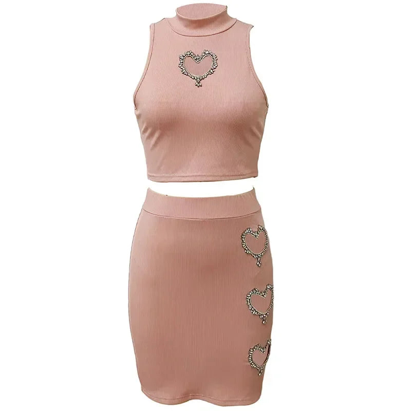 Amay Diamond Love Hollow Out Knit Ribbed 2 Piece Set Women Clothing Sleeveless Crop Top + Mini Skirt Night Club Outfits Matching Sets