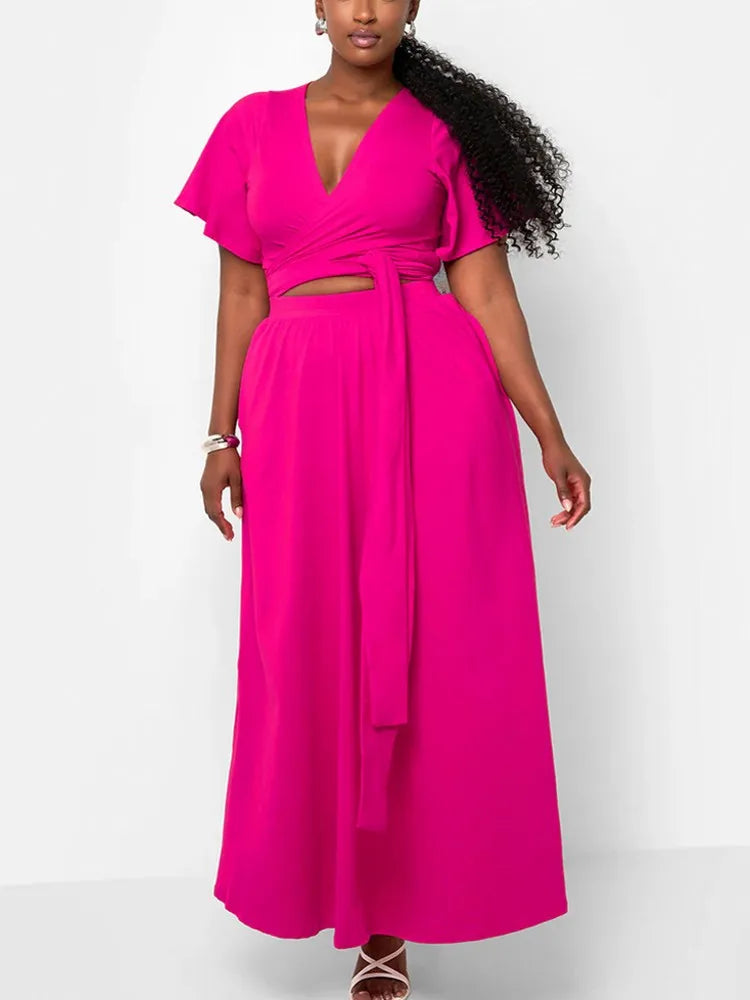 Maxy Two Piece Set Plus Size Clothes Spring Summer V-Neck Short Sleeve Top Maxy Skirt Women Sets Streetwear Casual Office Lady Suit