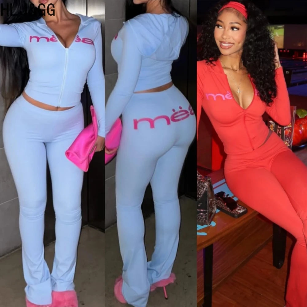 Maxy HLJ&GG Trend Y2K Letter Print Hooded Tracksuits Women Zipper Long Sleeve Slim Top And Skinny Pants Outfits Fashion Streetwear