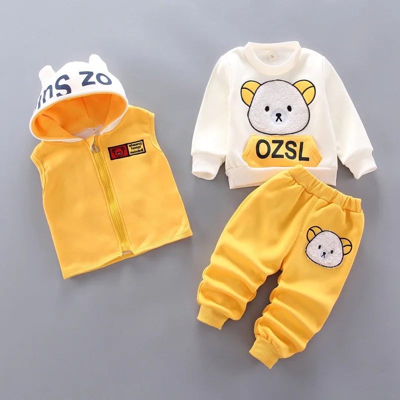 Babs Boy Clothing Set Autumn and Winter Velvet Thick Warm Casual Hooded Sweater Cartoon Cute Bear 3Pcs Toddler Girl Clothes Suit