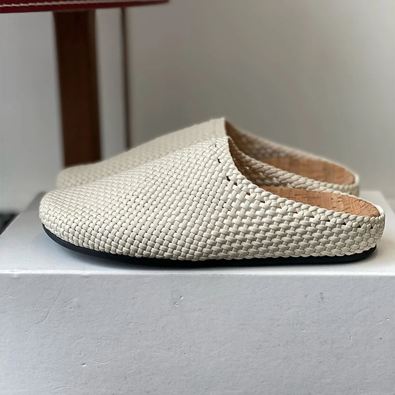 Maxy Genuine Leather Weaving Design Half Slippers Women Closed Toe Fashion Flat Bottom Slippers Spring Autumn Outdoor Versatile Mules