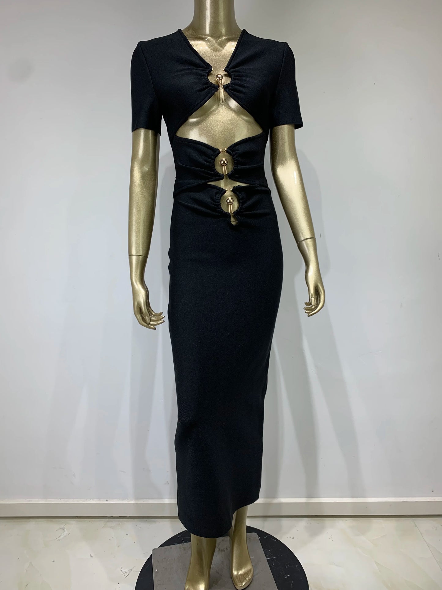 Summer Bandage Dress 2024 Fashion Women Black Short Sleeve V Neck Cut Out Ankle Length Celebrity Evening Club Party Gowns