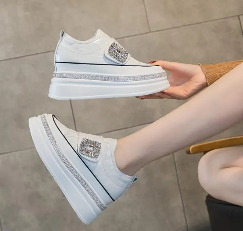 Amay 8cm Crystal High Top Women Genuine Leather Platform Boots Wedge Hidden Heel Hook Spring Autumn Bling Shoes Sneakers Ankle Boots