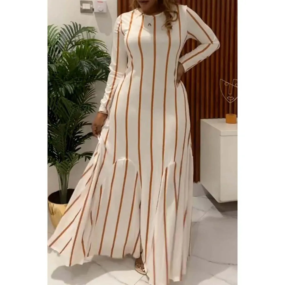 Maxy Plus Size Semi Formal Maxi Dresses Elegant White Striped Fall Winter Long Sleeve Cotton Maxy Dresses