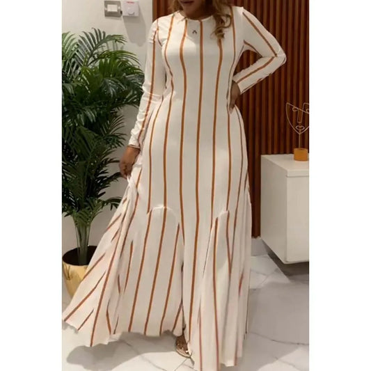 Maxy Plus Size Semi Formal Maxi Dresses Elegant White Striped Fall Winter Long Sleeve Cotton Maxy Dresses