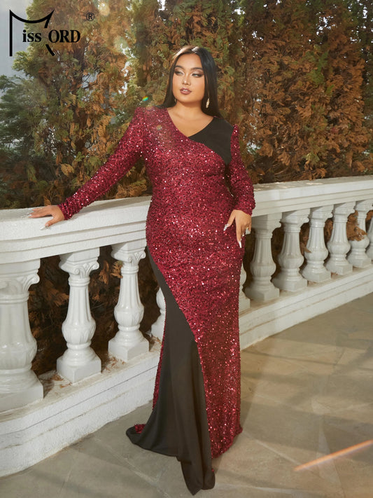 Momsey New Plus Size V-Neck Long Sleeved Panel Sequin Mermaid Evening Prom Wedding Birthday Party Dress