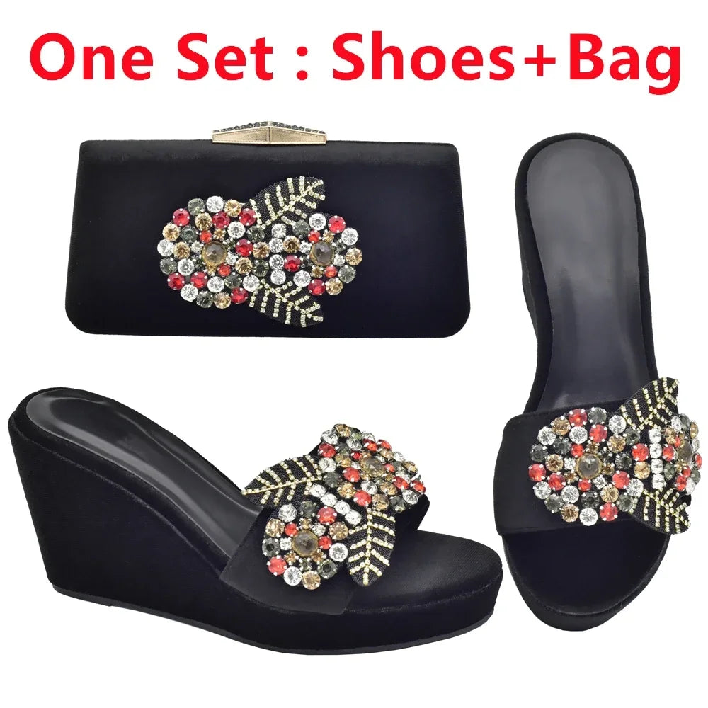 Maxy Latest Design Shoe and Bags Set Wedges Shoes for Women Wedding Shoes Bride Rhinestone Italy Women Party Pumps with Purse