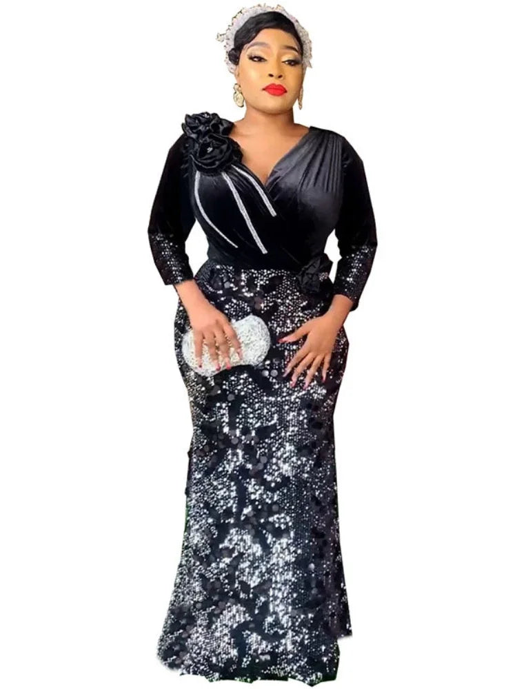 Women Maxy Velvet Christmas Party Dress Luxury Glitter Flower Long Sleeve Sheath Maxi Formal Evening Celebrate Events Gowns