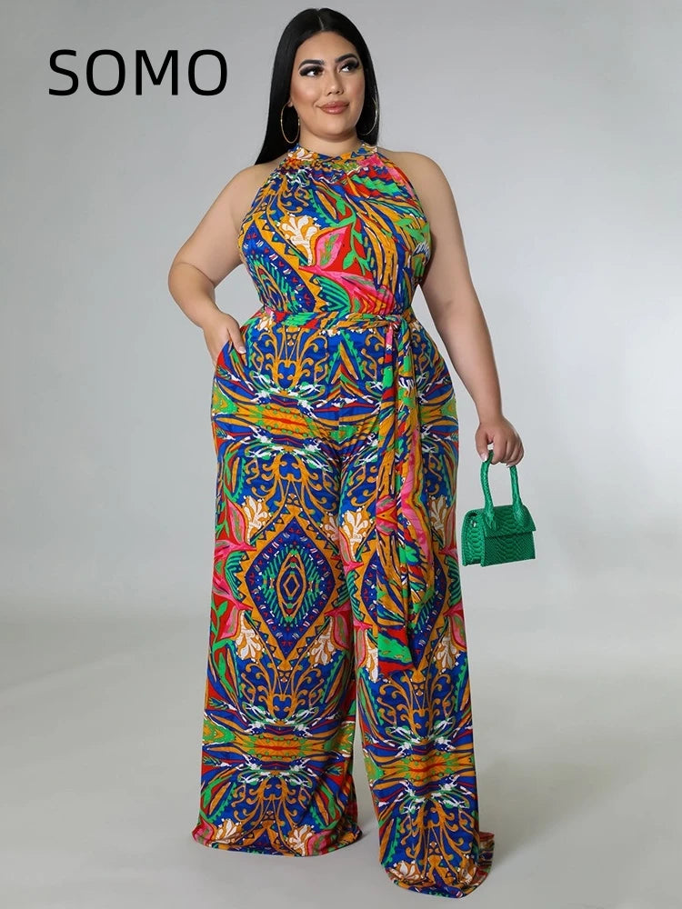 Amay Plus Size Women Jumpsuit Sleeveless Casual Hanging Neck Print with Belt Large Size Romper Wide Legs 2024 New Dropshipping