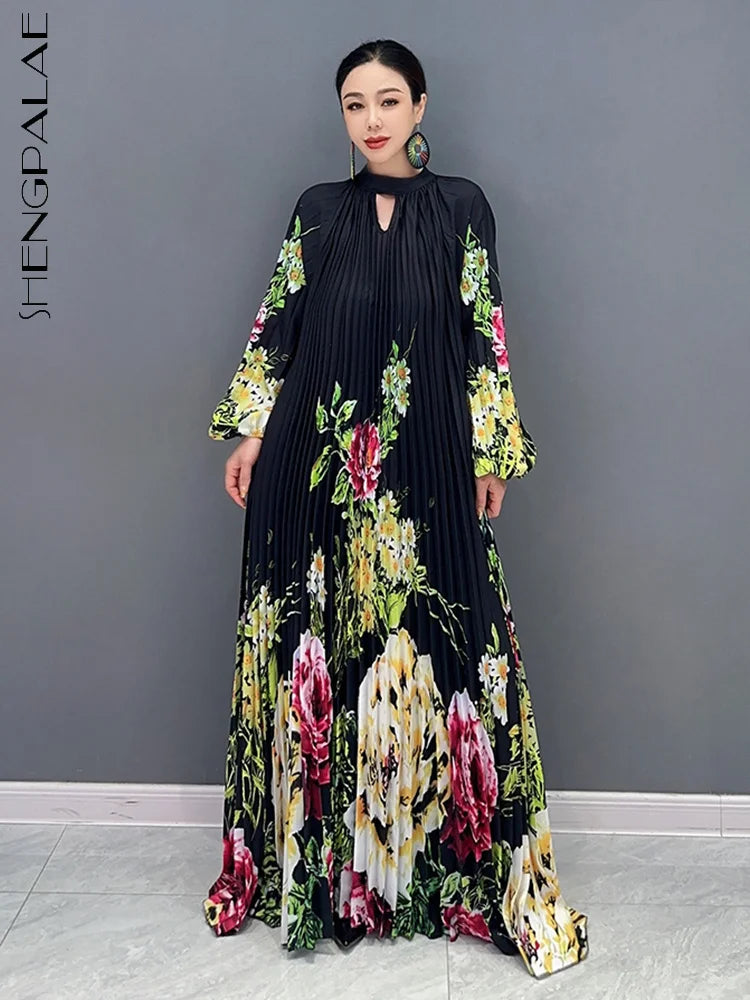 Maxy SHENGPALAE Printed Dress For Women Fashion O-neck Draped Lace Up Waist A-line Casual Vestido Robe Female Autumn New 5R5279