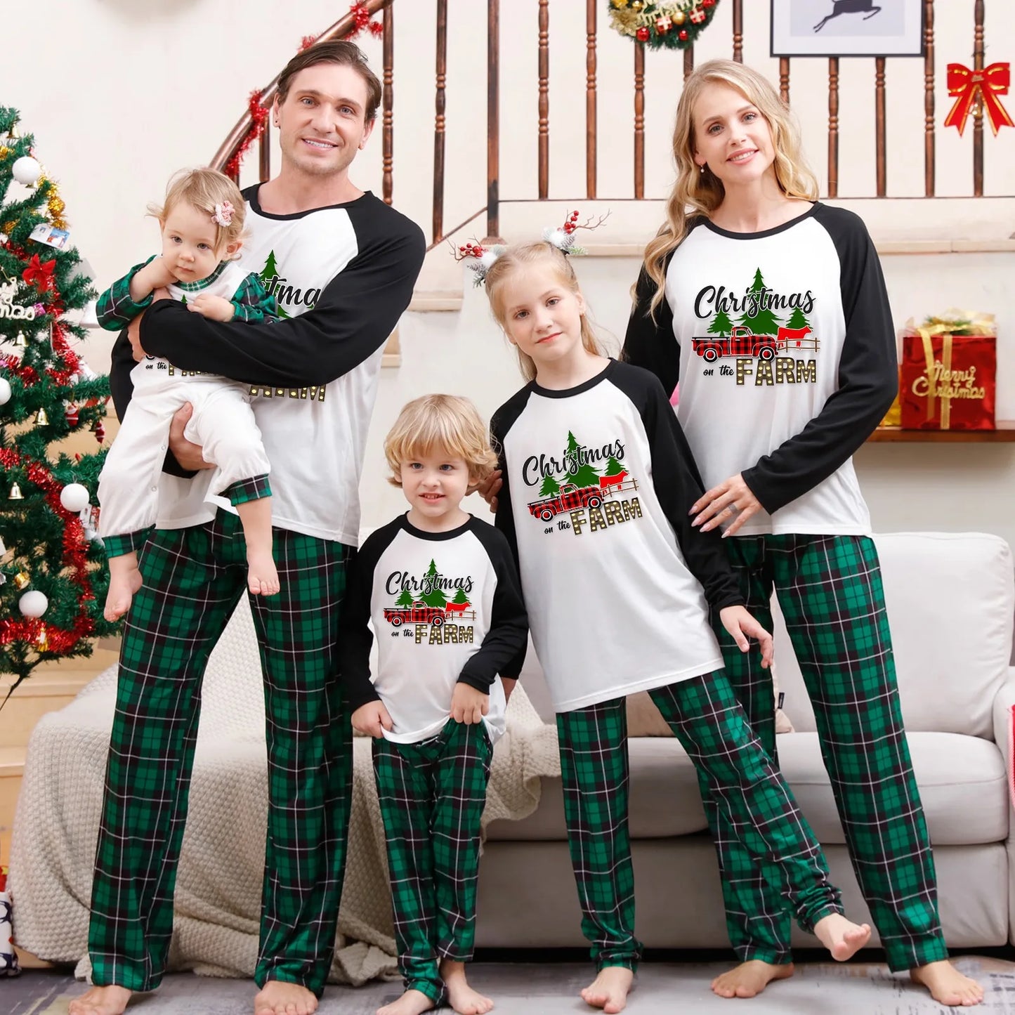 Maxy 2024 New Year's Costumes Women Men Boys Girls Matching Pajamas Set Christmas Family Look Cartoon Plaid 2 Pieces Suit Lounge-wear