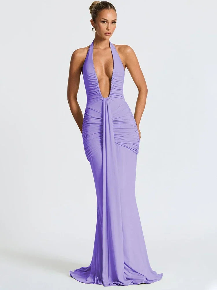 Maxy Deep V Neck Backless Sexy Maxy Dress Women Gown Summer Halter Sleeveless Draped Club Party Long Dress