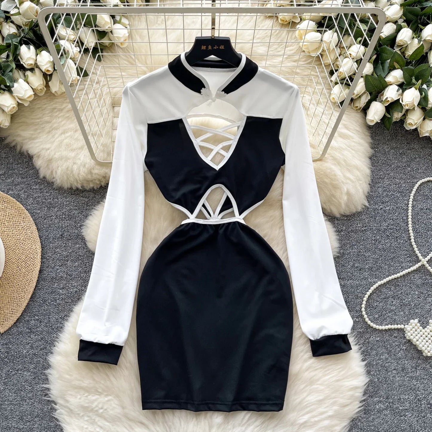 Amay Elegant Long Sleeves Vintage Stand Collar Chic Hollow Out Backless Slim Pencil Short Dresses Evening High Street Autumn Clothing