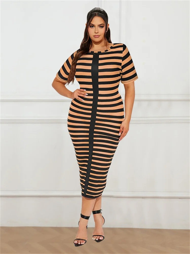 Wmstar Plus Size Dresses for Women Short Sleeve striped Maxi long Dress Bodycon Strech New in Summer Wholesale Dropshipping