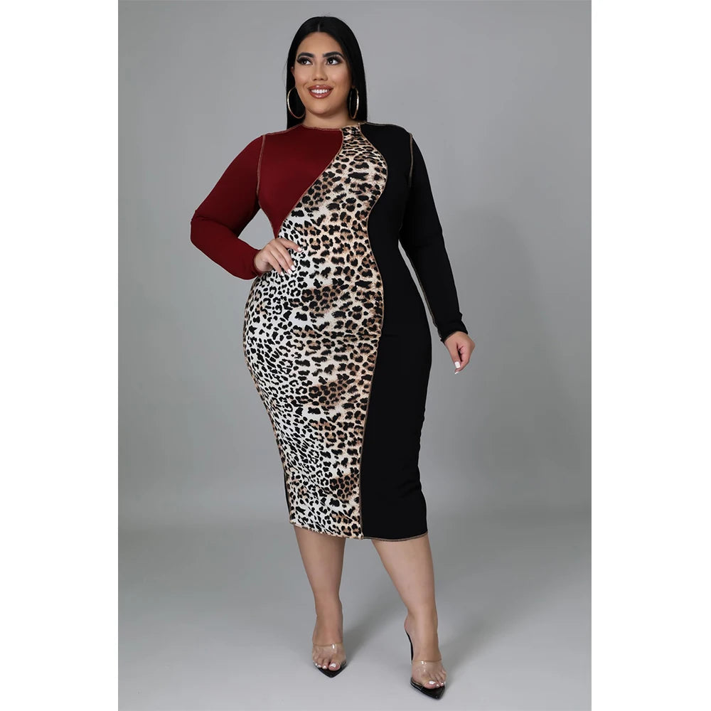 Maxy Street Wear Leopard Patchwork Fashion Elegant Midi Dress Round Neck Long Sleeve Casual Plus Size Women Clothing 4xl 5xl