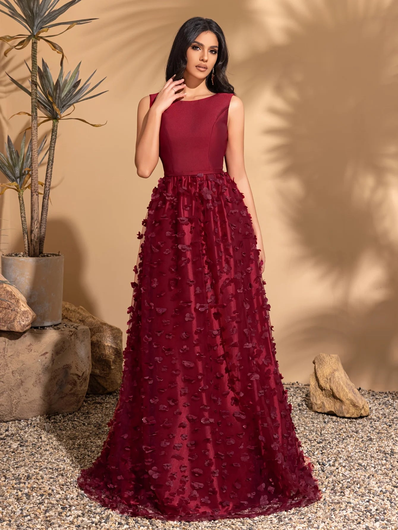 Maxy Satin round neck sleeveless flower embellishment A-line dress