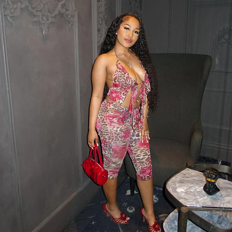 Maxy Sister Star Women's Fashion Floral Leopard Print Hanging Neck Ruffle Top Five Points Shorts Set Nightclub Party Two Piece Set