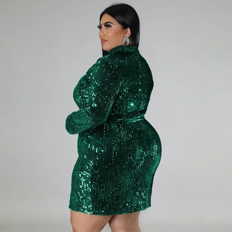 Maxy Sequin Green Evening Party Plus Size Dress for Women 5XL Spring Long Sleeve New Fashion Elegant Dress Large Size