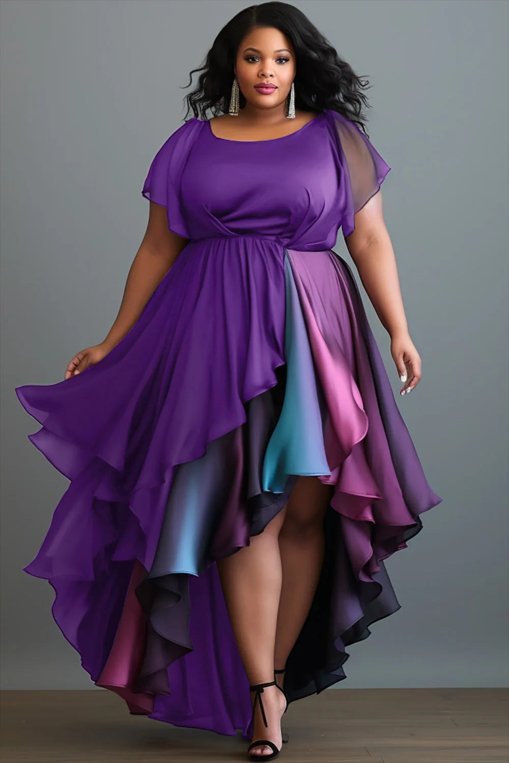 Amay Plus Size Purple Asymmetric Hem Midi Dress round Neck Wedding Guest Women's Fashion Elegant Party Gown