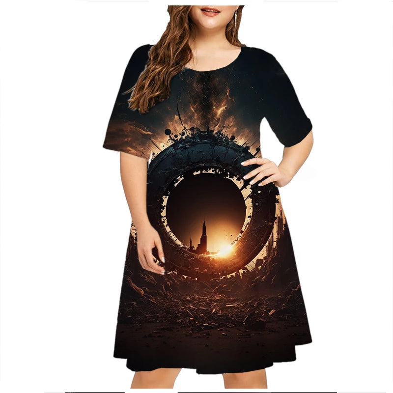 Maxy Thunder Lightning Pattern Women Dress Short Sleeve O-Neck Tie Dye 3D Print Summer Dress Plus Size Ladies Casual Loose Dress 6XL