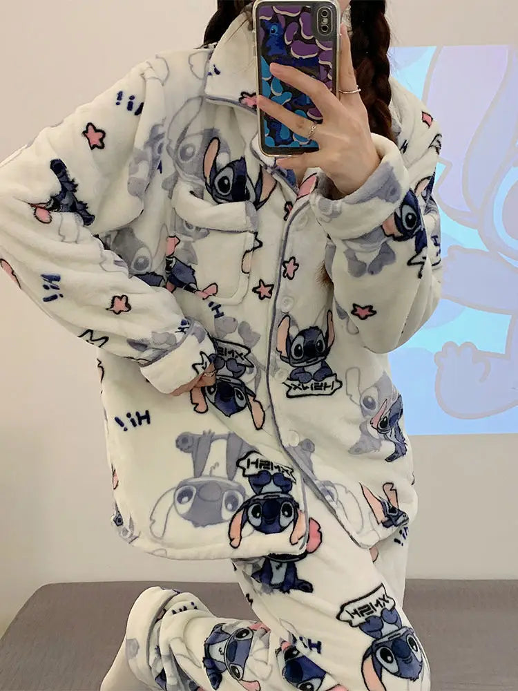 New Stitch-themed Max Plush Fluffy Sleepwear Pajamas Women's Autumn and Winter Flannel Thickened and Velvet Home Casual 2 Pcs Set