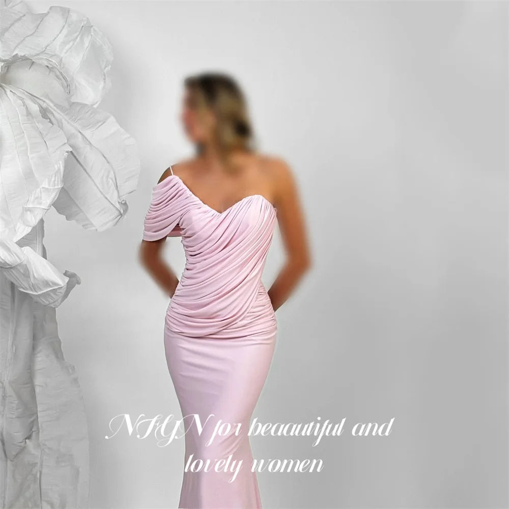 NFYN Pink Chic Evening Dresses One Shoulder Prom Dresses Trumpet Party Formal Gown with Ruched robe de bal for Woman Customized