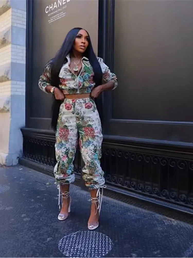 Maxy Street Tracksuit Two Piece Set Women Long Sleeves Zipper Jacket+High Waist Button Floral Print Wide Leg Cargo Pants Women Outfit