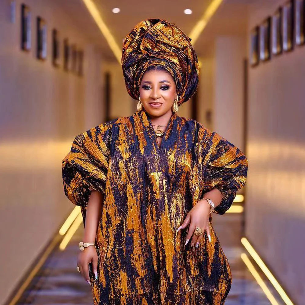 Maxy African American mother expensive custom hot gold jacquard fabric loose dress