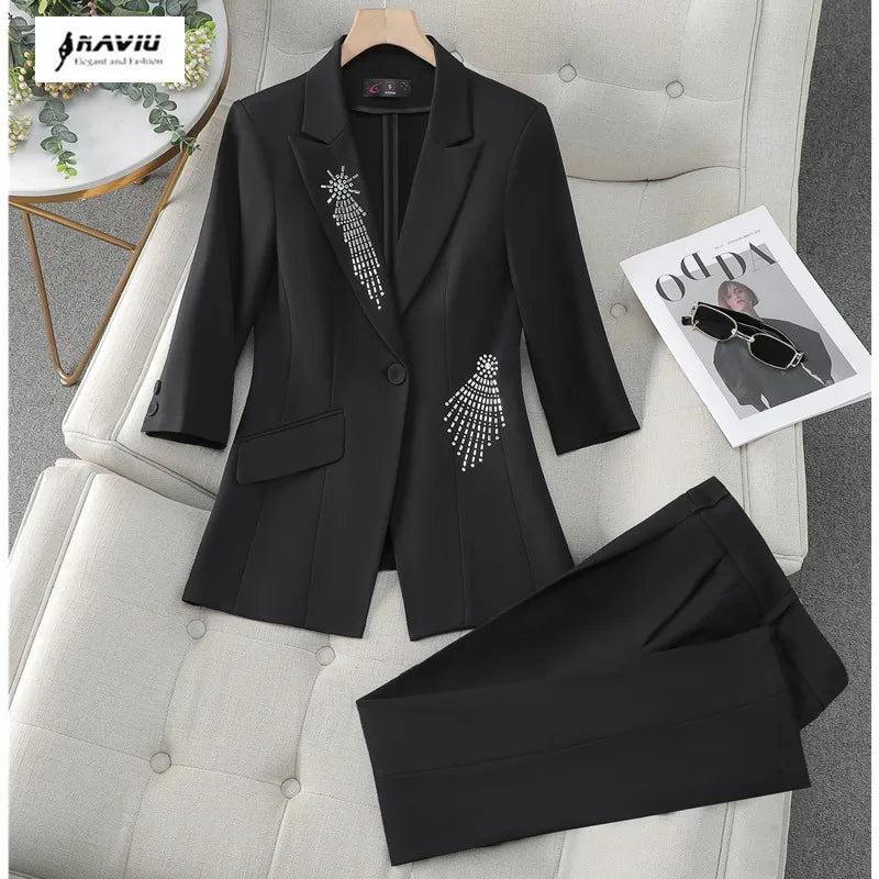 Maxy Black Women Pants Suits Set For Widding Luxury Crystal Beads Blazer and Trousers 2 Pieces Office Lady Custom Made Uniform