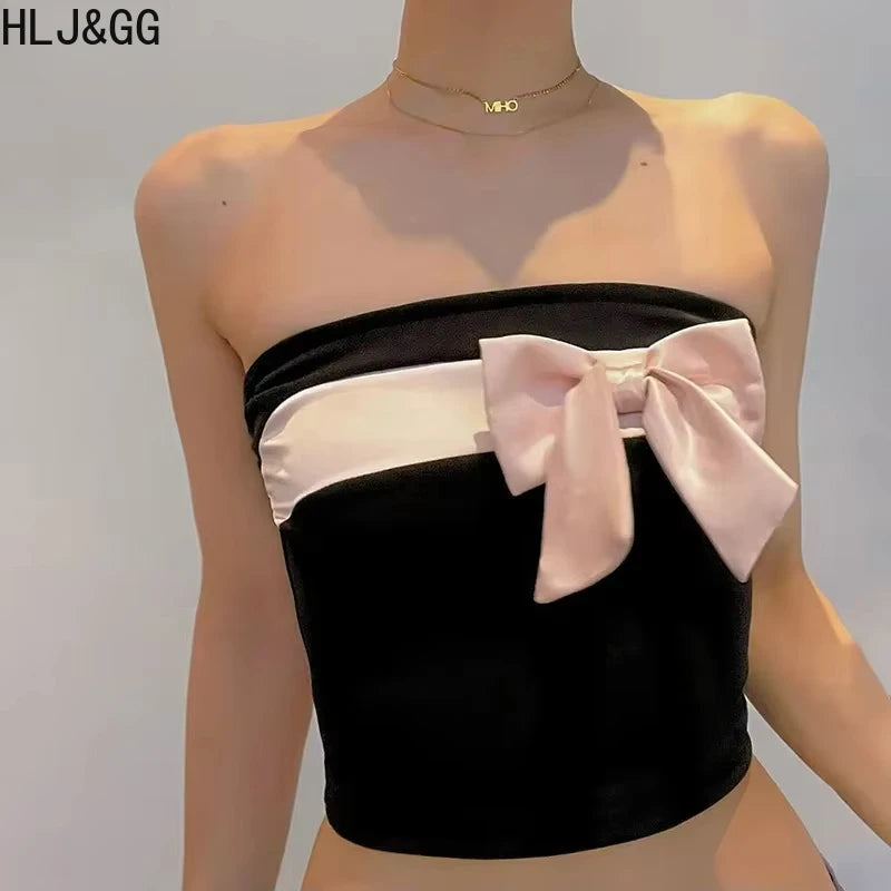 Maxy HLJ&GG Y2K Pink Fashion Bow Design Two Piece Sets For Women Sleeveless Backless Slim Tube + Mini Skirts Outfits Female Clothing