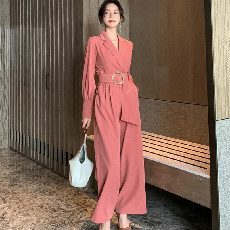 Maxy Vintage Elegant Professional Jumpsuit Women Notched Collar Long Sleeve Adjustable Waist Maxy Pants Work Style Business Rompers