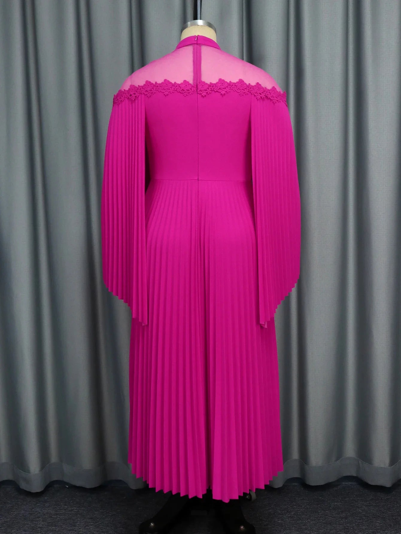 Pleated Dresses for Women Half High Collar Long Cloak Sleeves Mesh Patchwork Fashion Streetwear Elegant Evening Party Maxi Gowns