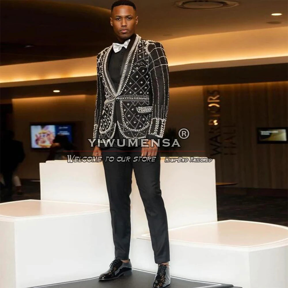 Maxy Handmade Black Men's Suits Luxury Pearls Beaded Jacket Pants 2 Pieces Groomsmen Tuxedos Tailored Formal Business Dinner Blazers