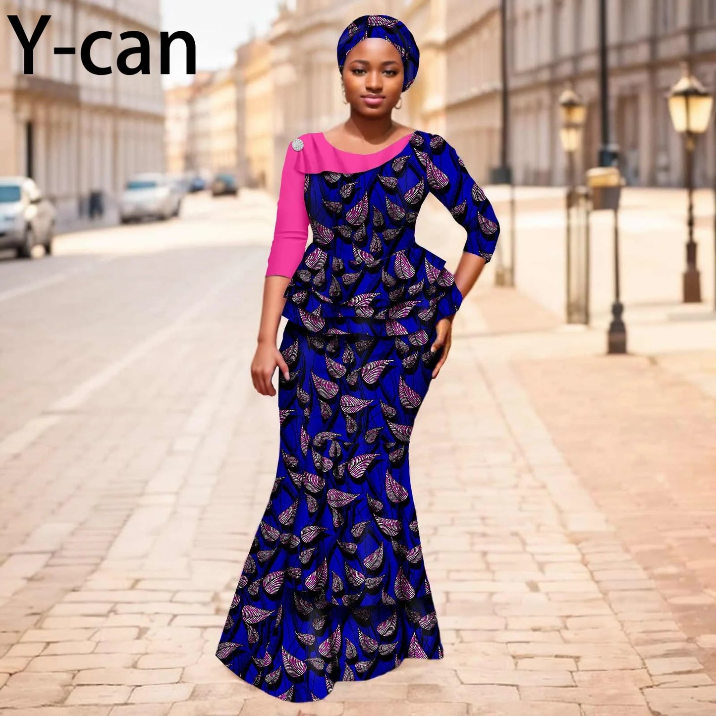 Maxy New African Dresses for Women Dashiki Print Patchwork Top and Mermaid Skirt Match Turban Traditional Wedding Party Dress 2526004
