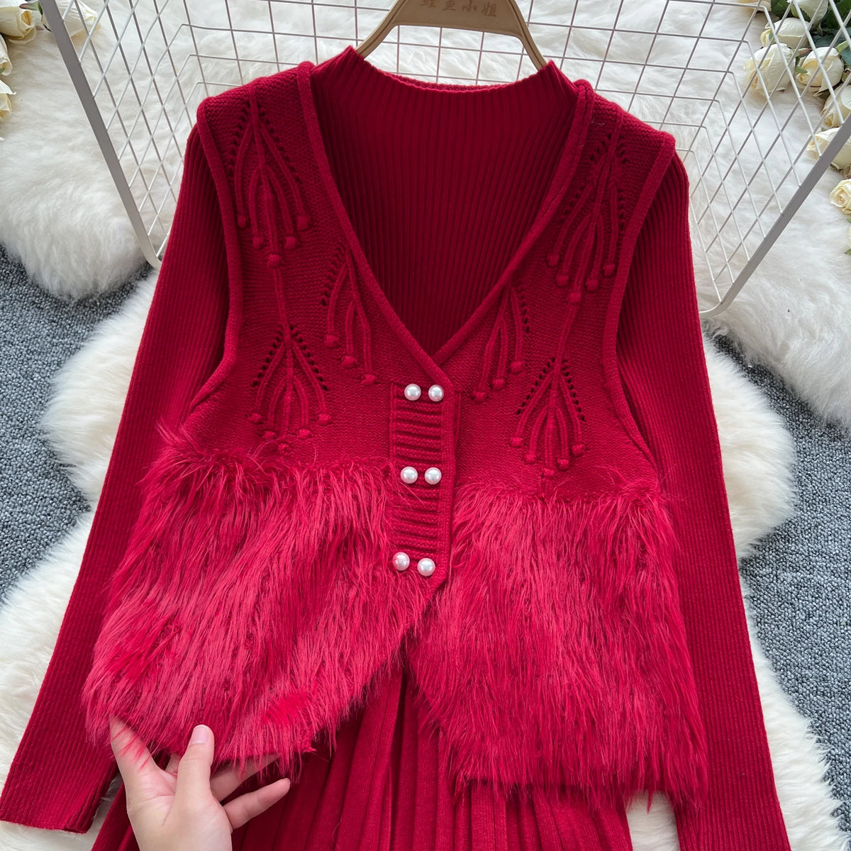 Maxy Chic Women Two-Piece Sets Basics O-neck Long Sleeve Knit Dress Slim Open Stitch Pearl Button Vest Elegant Evening Party Clothing