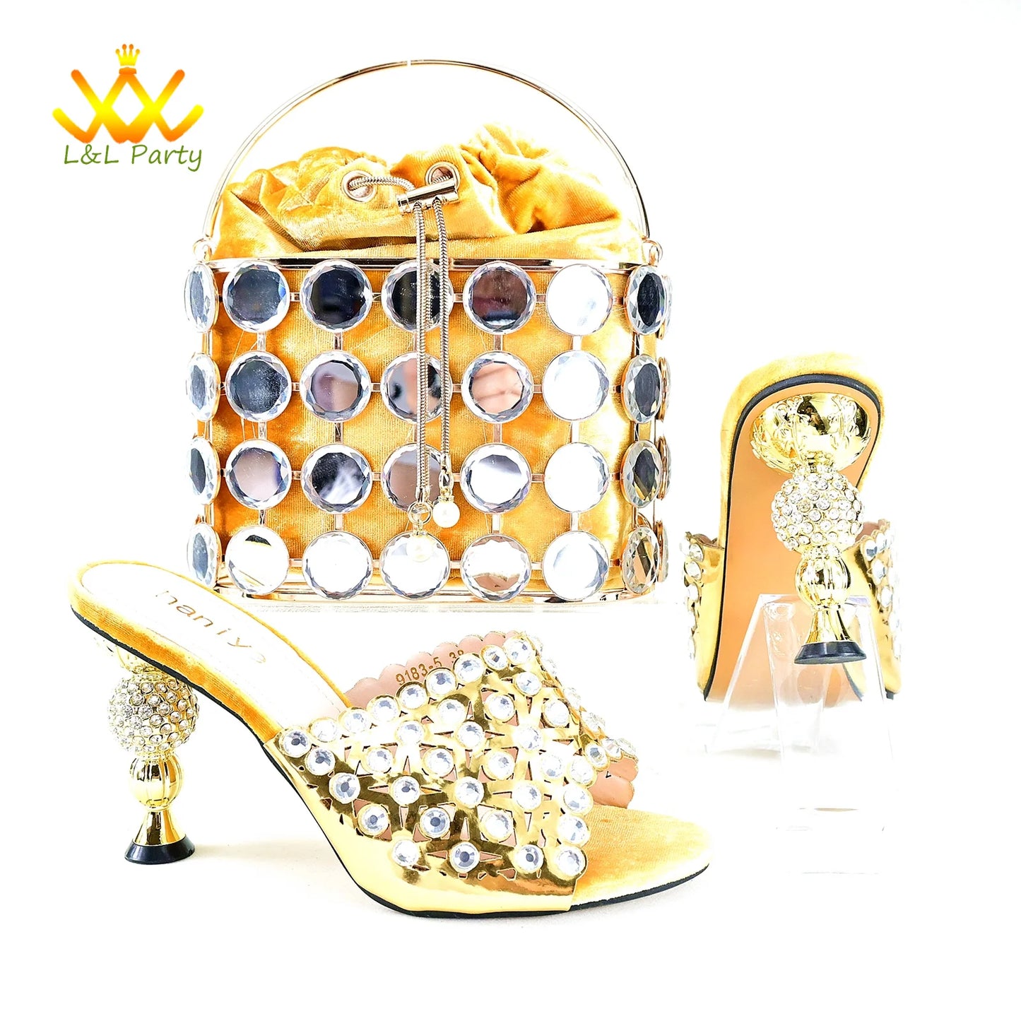 Maxy Gold Specials Heels with Crystal High Quality New Arrivals Spring Women Shoes and Bag Set for Wedding