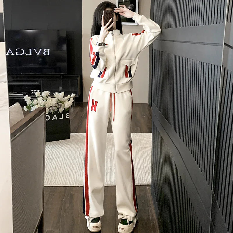 Maxy autumn Winter Tracksuit Women Hooded zipper jacket Sweatshirt + sport striped wide leg Pant Suit Casual Two Piece Set