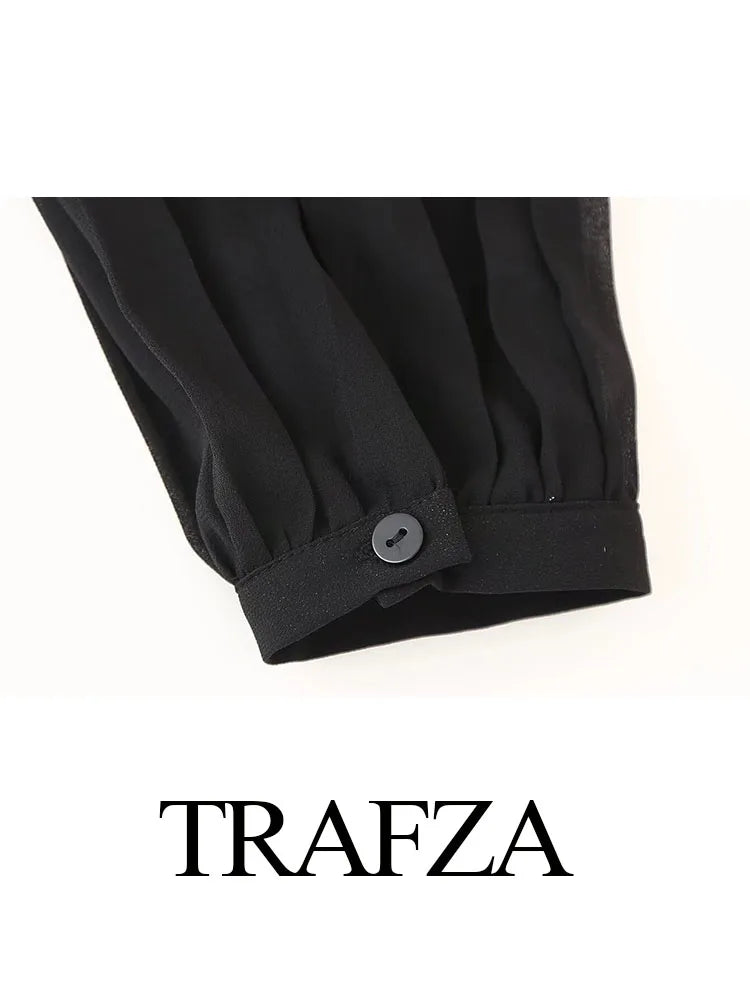 TRAFZA Woman Summer Bow Black Slim Elegant Short Party Shirt Dress Women New Fashion Long Sleeves Pleated Mini Dress Mujer