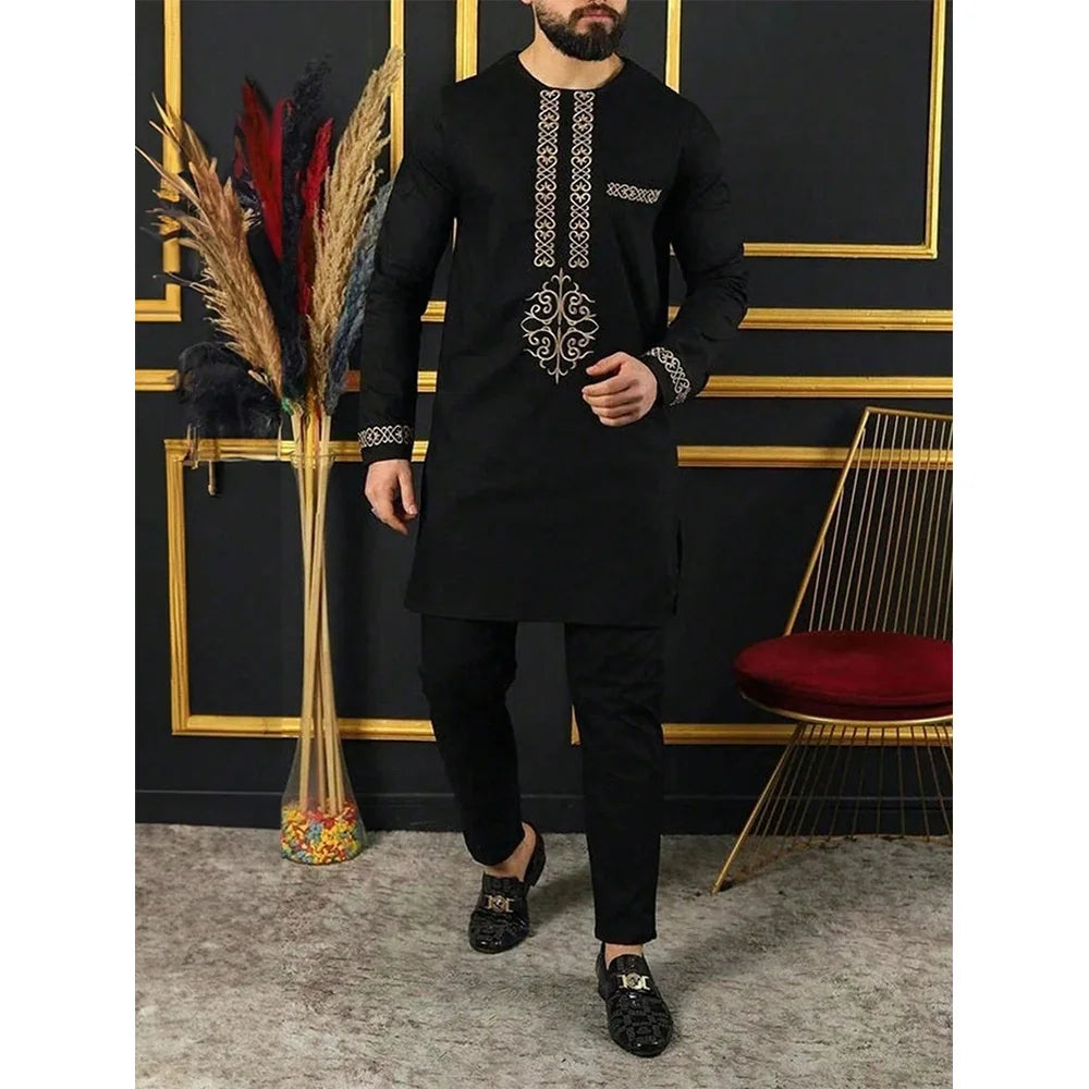 Amay New Kaunda Men's Set Fashionable and Elegant Men's Wedding Set Round Neck Long Sleeve Embroidered Men's Full Set Suit