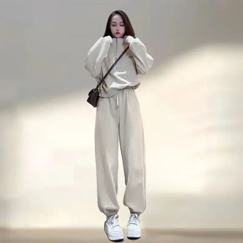 Amay Casual Pants Set for Women, Autumn and Winter Standing Collar Long Sleeved Sweatshirt, Sweatpants Sports Set for Women