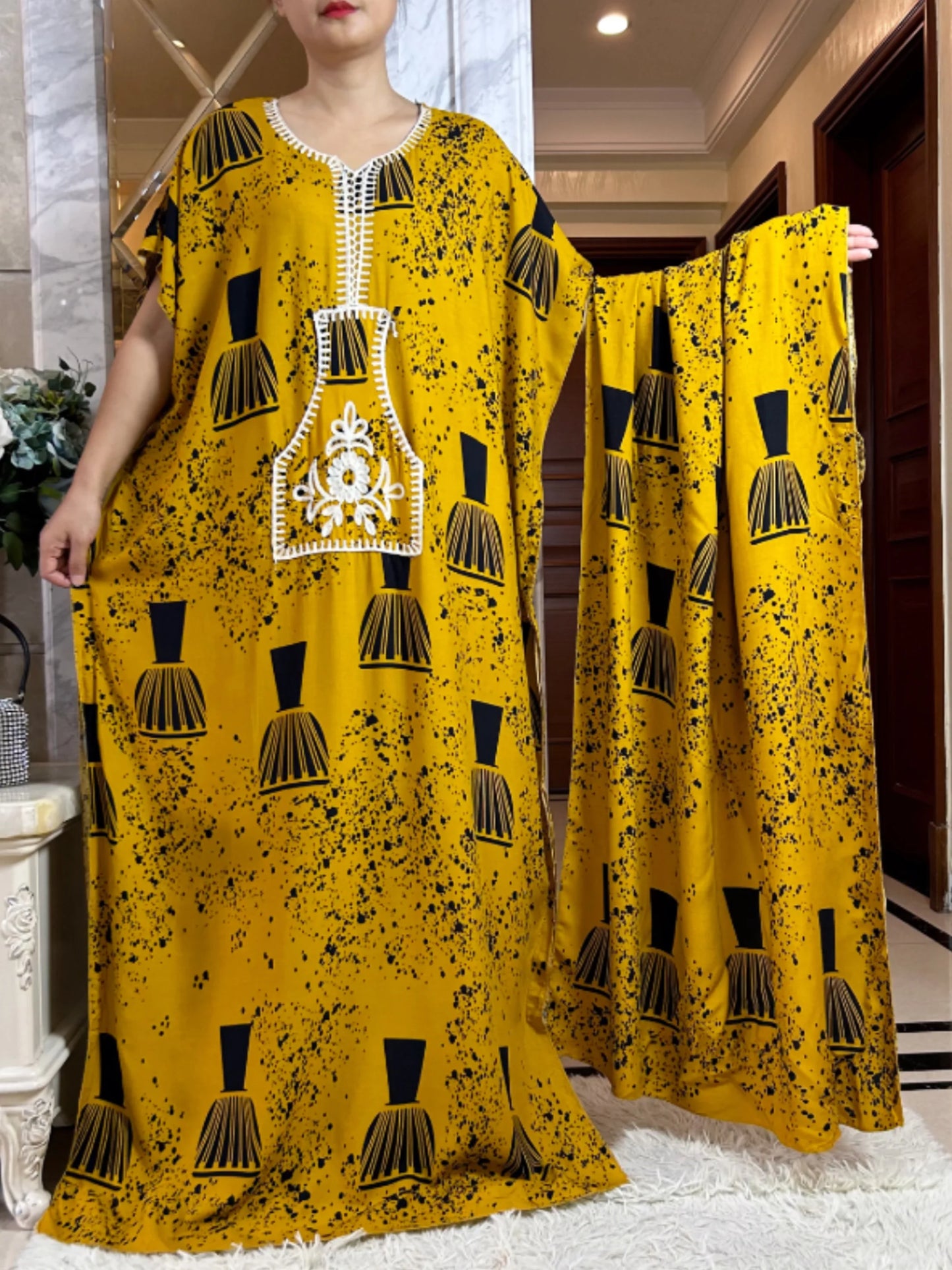 Macy Latest Autumn African Lady Dress with Big Scarf   Cotton Printed Loose Floral Boubou Pocket Maxi Islam Women Short Sleeve