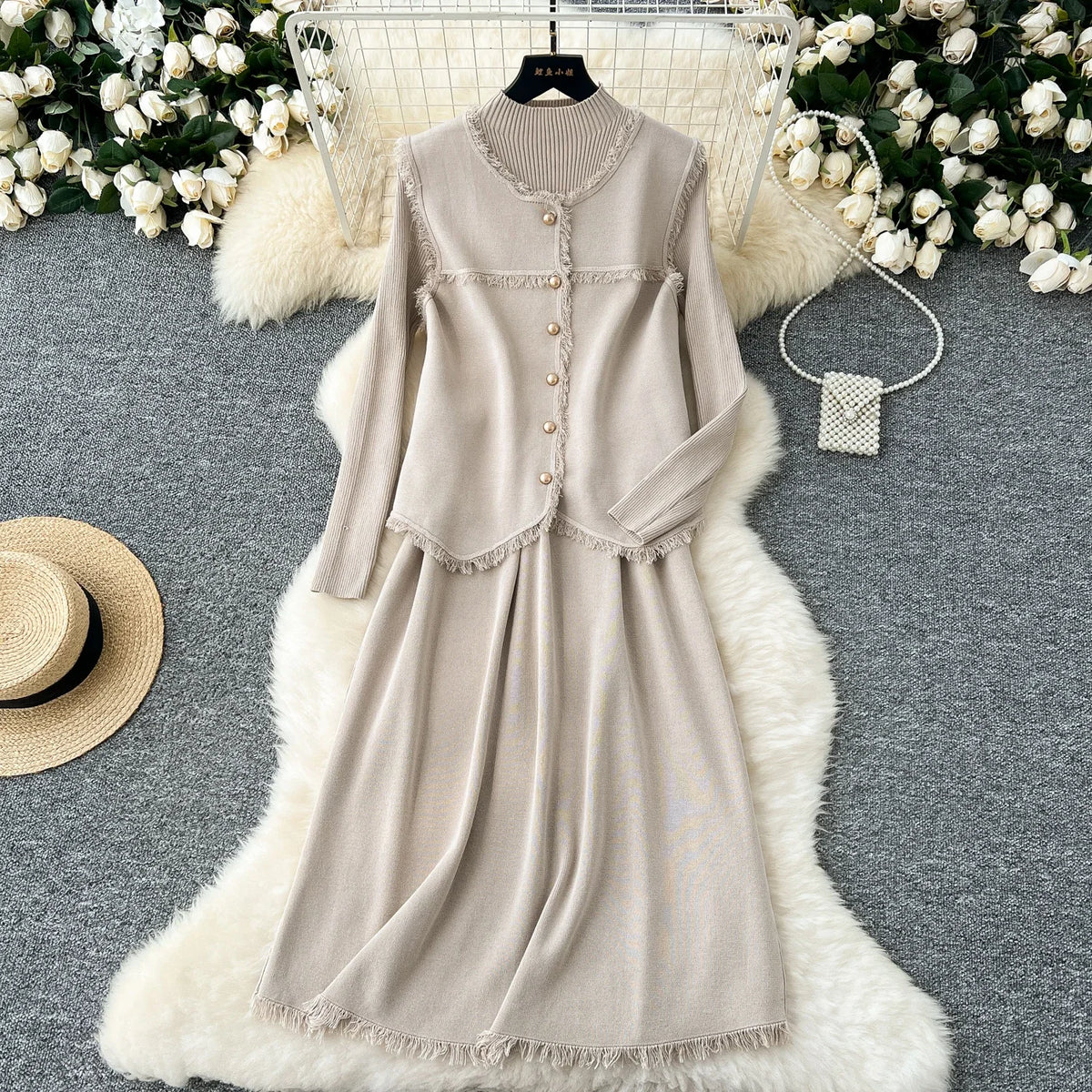 Maxy Chic Women Two-Piece Sets Basics O-neck Single Breasted Vest and Slim Long Sleeve Knit Dress French High Street Winter Clothing