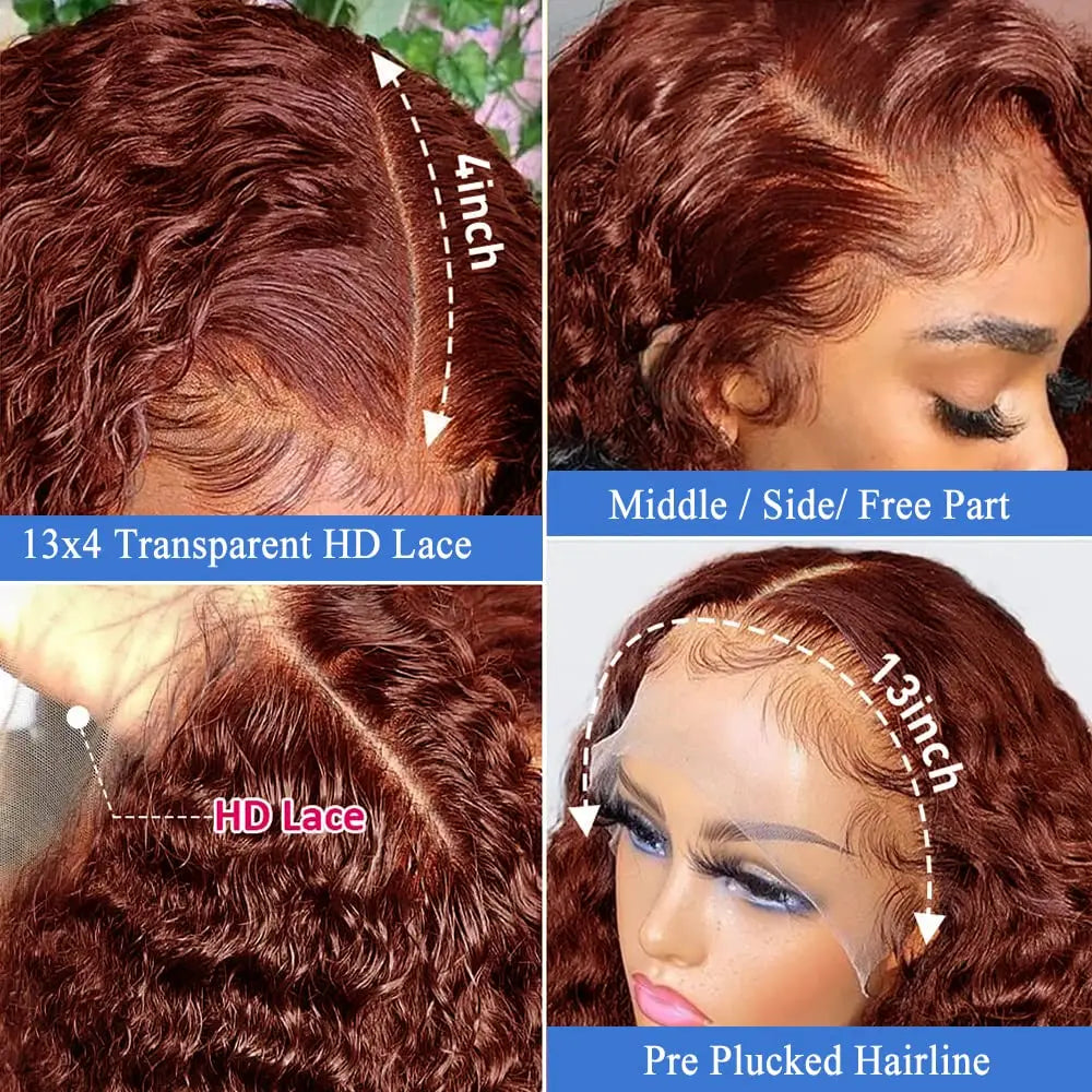 Amay Reddish Brown Deep Wave 13x4 13x6 Lace Front Human Hair Wigs Remy Brazilian Curly Wigs For Women Colored Wigs Glueless 180%